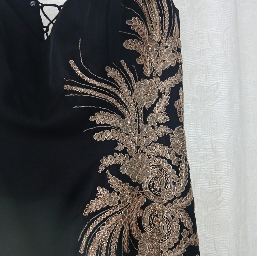 Black and Gold Asymmetrical Embellished Prom Gown - Picture 5 of 10
